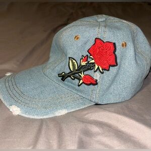 DAVID and YOUNG Distressed Denim Red Rose Adjustable Hat Cap